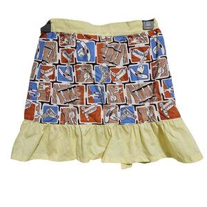 Vintage Western Cowboy Print Womens Apron Yellow Ruffle Hem Tie Waist Kitchen